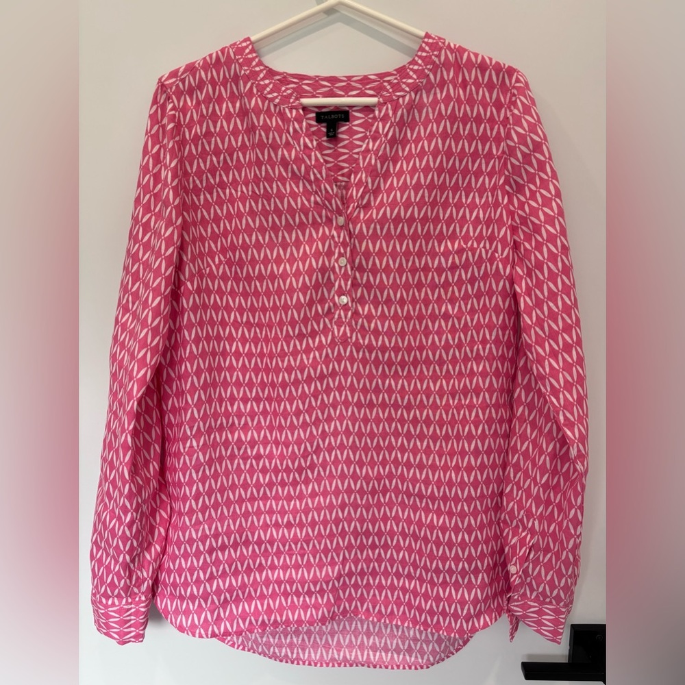 Talbots Linen Blend Top Tunic Blouse size S pink white v neck tab sleeves